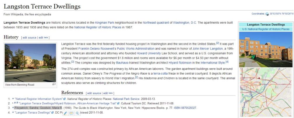 Screenshot of Wikipedia article on Langston Terrace Dwellings.